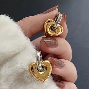 Elegant Two-Tone Heart Earrings with Peach Heart Dangles and a Glossy Fi…